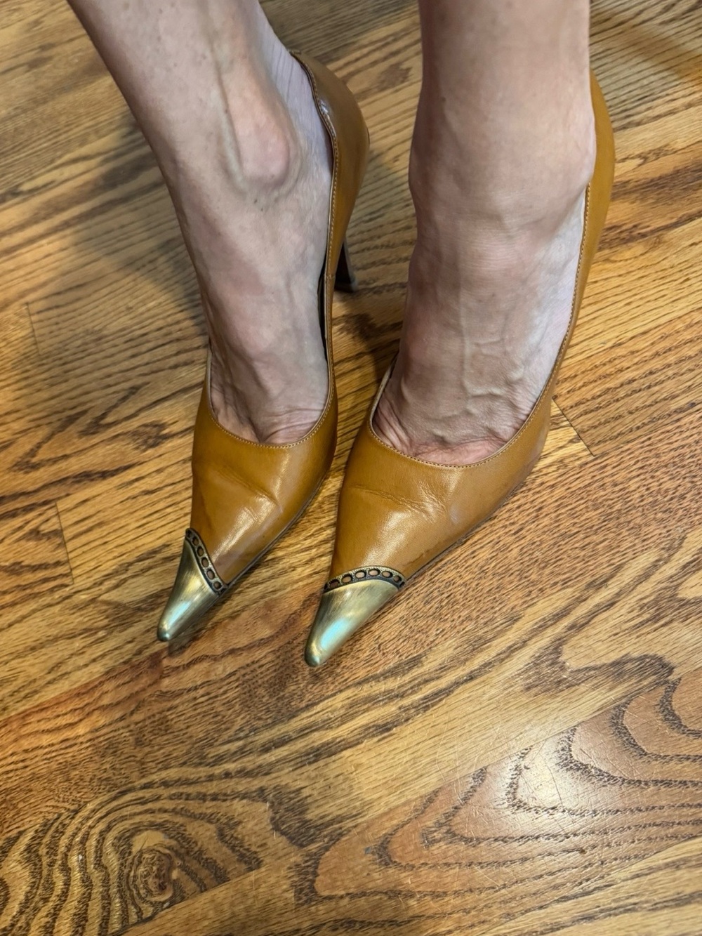 Gianmarco Lorenzi Leather Pointed-Toe Pumps with Brass Cap Toe - Brown